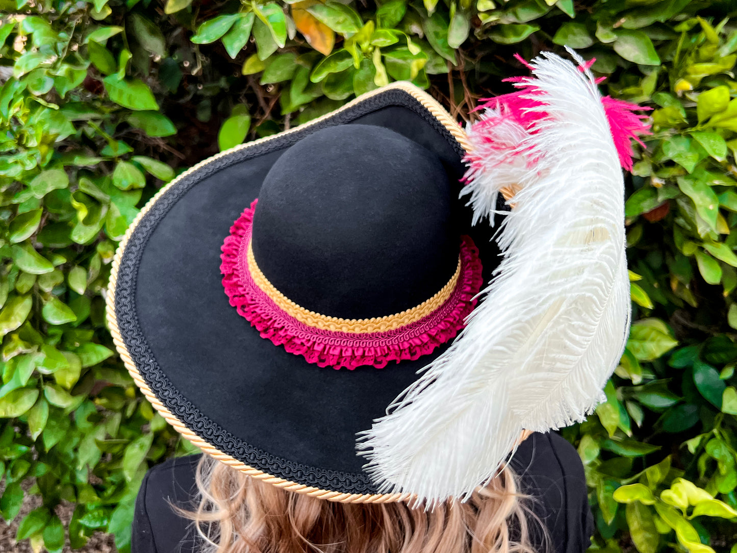 Cavalier Hat 22" Black Wool Base with Gold/Maroon Trim, Feathers, and Brooch