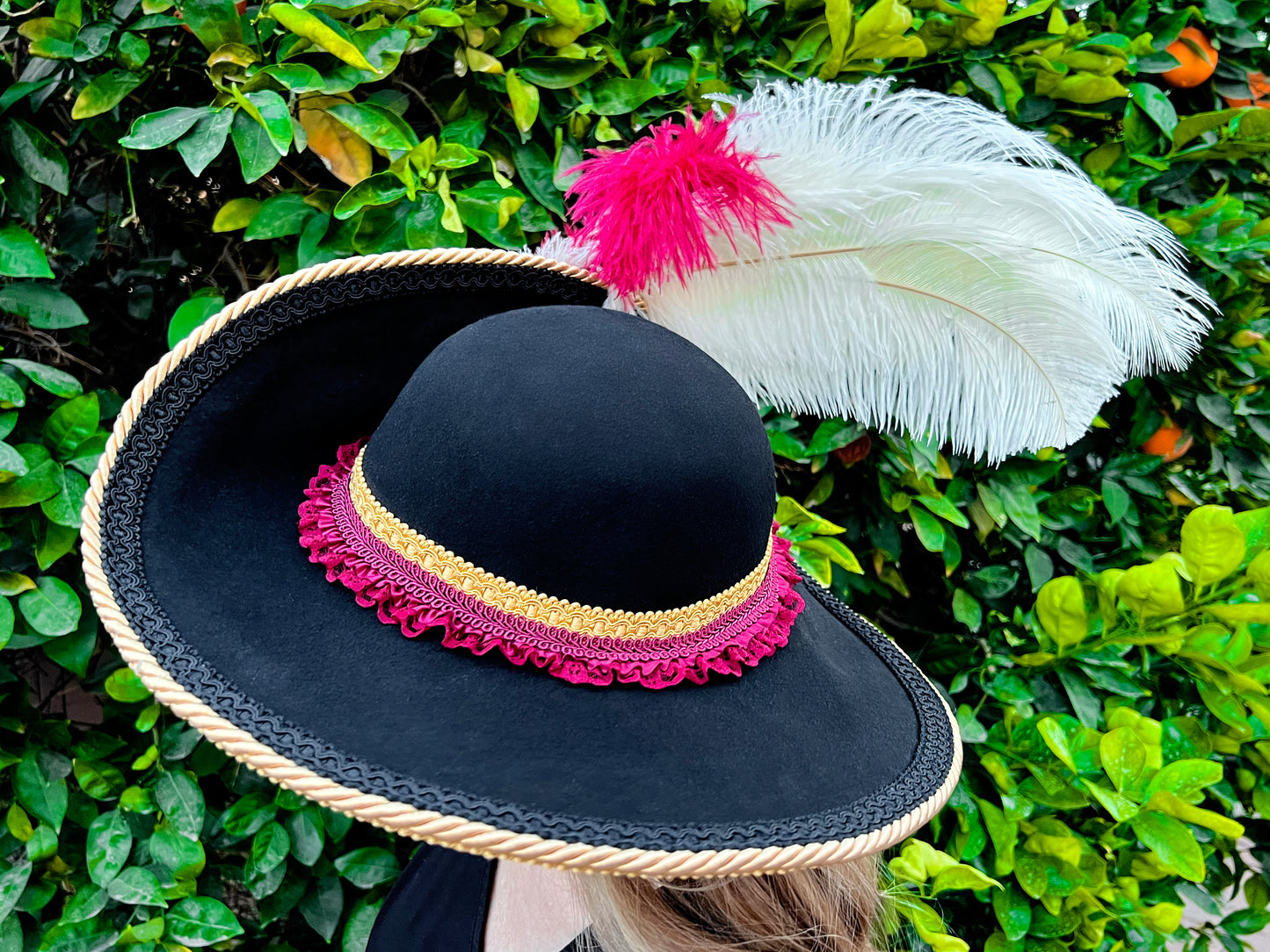 Cavalier Hat 22" Black Wool Base with Gold/Maroon Trim, Feathers, and Brooch