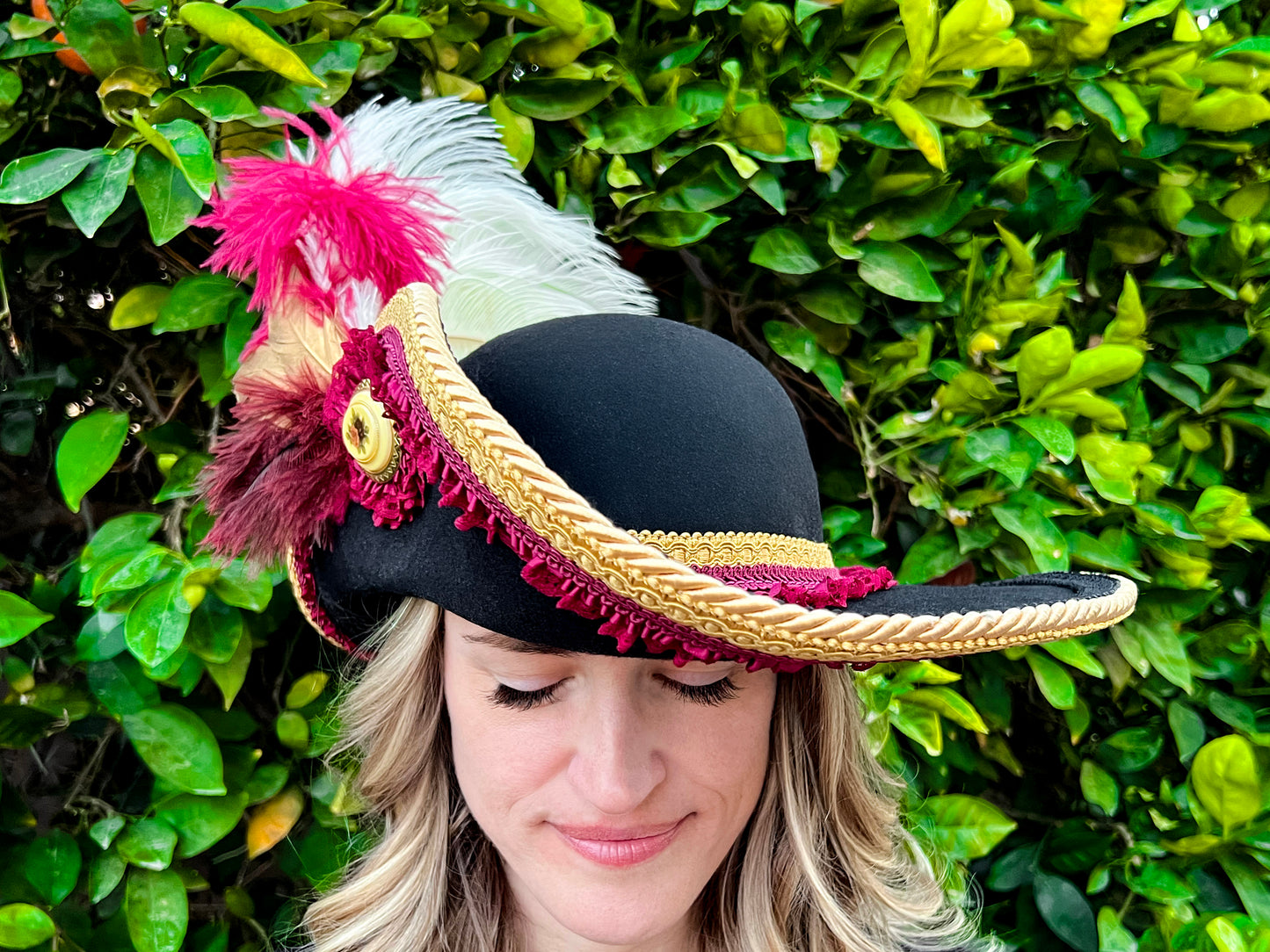 Cavalier Hat 22" Black Wool Base with Gold/Maroon Trim, Feathers, and Brooch