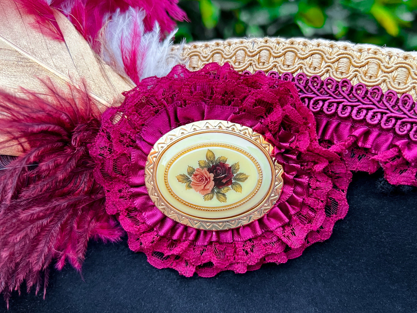 Cavalier Hat 22" Black Wool Base with Gold/Maroon Trim, Feathers, and Brooch