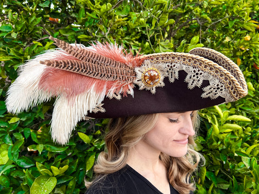 Tricorn Hat 23.75" Brown Wool Base with Gold/Cream Trim, Feathers, and Brooch