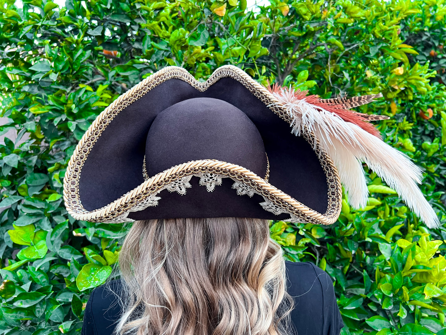 Tricorn Hat 23.75" Brown Wool Base with Gold/Cream Trim, Feathers, and Brooch