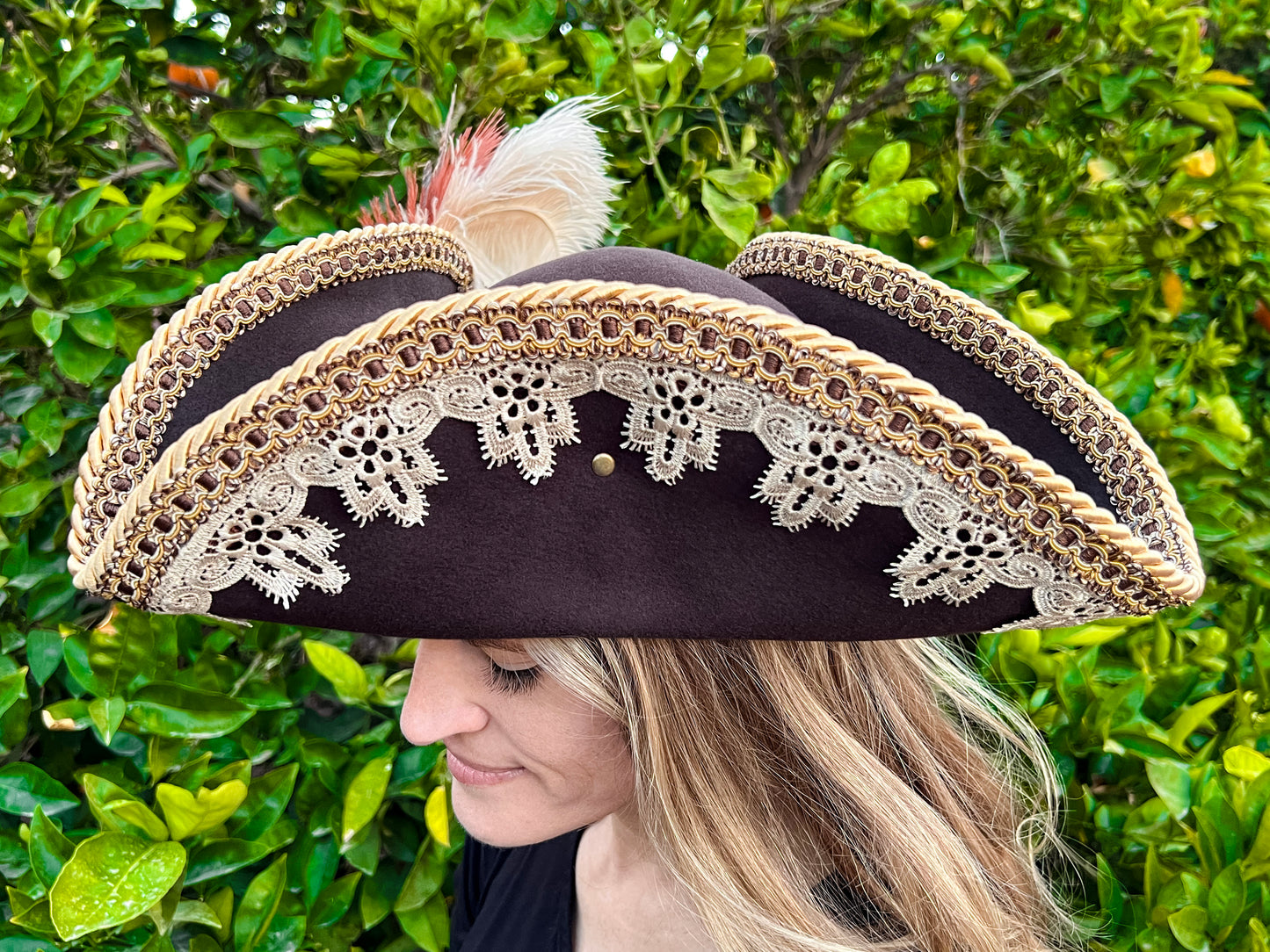 Tricorn Hat 23.75" Brown Wool Base with Gold/Cream Trim, Feathers, and Brooch