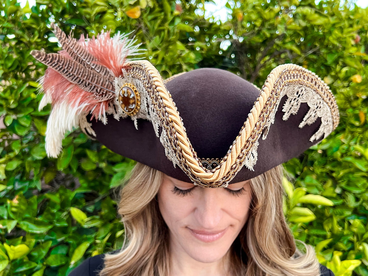 Tricorn Hat 23.75" Brown Wool Base with Gold/Cream Trim, Feathers, and Brooch