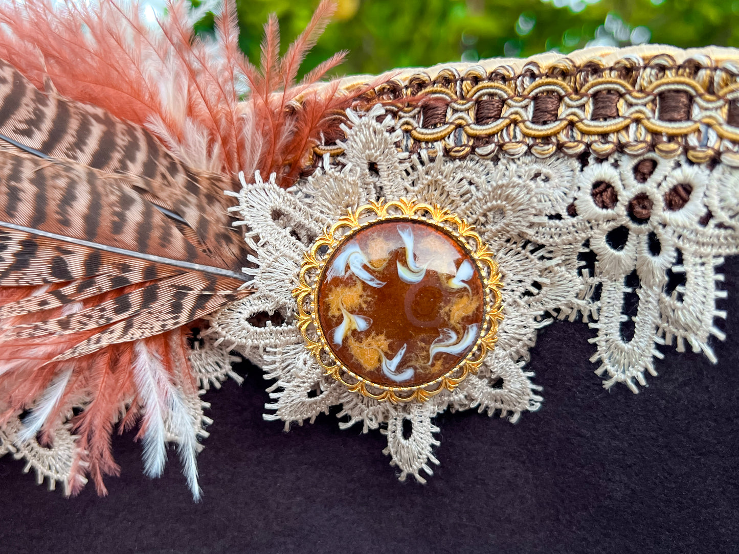 Tricorn Hat 23.75" Brown Wool Base with Gold/Cream Trim, Feathers, and Brooch