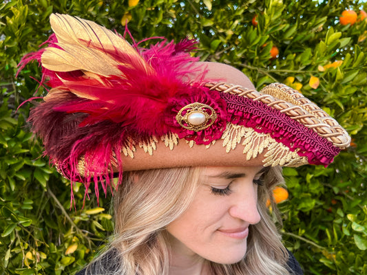 Bicorn Hat 22" Tan Wool Base with Maroon/Gold Trim, Feathers, and Pearl Brooch