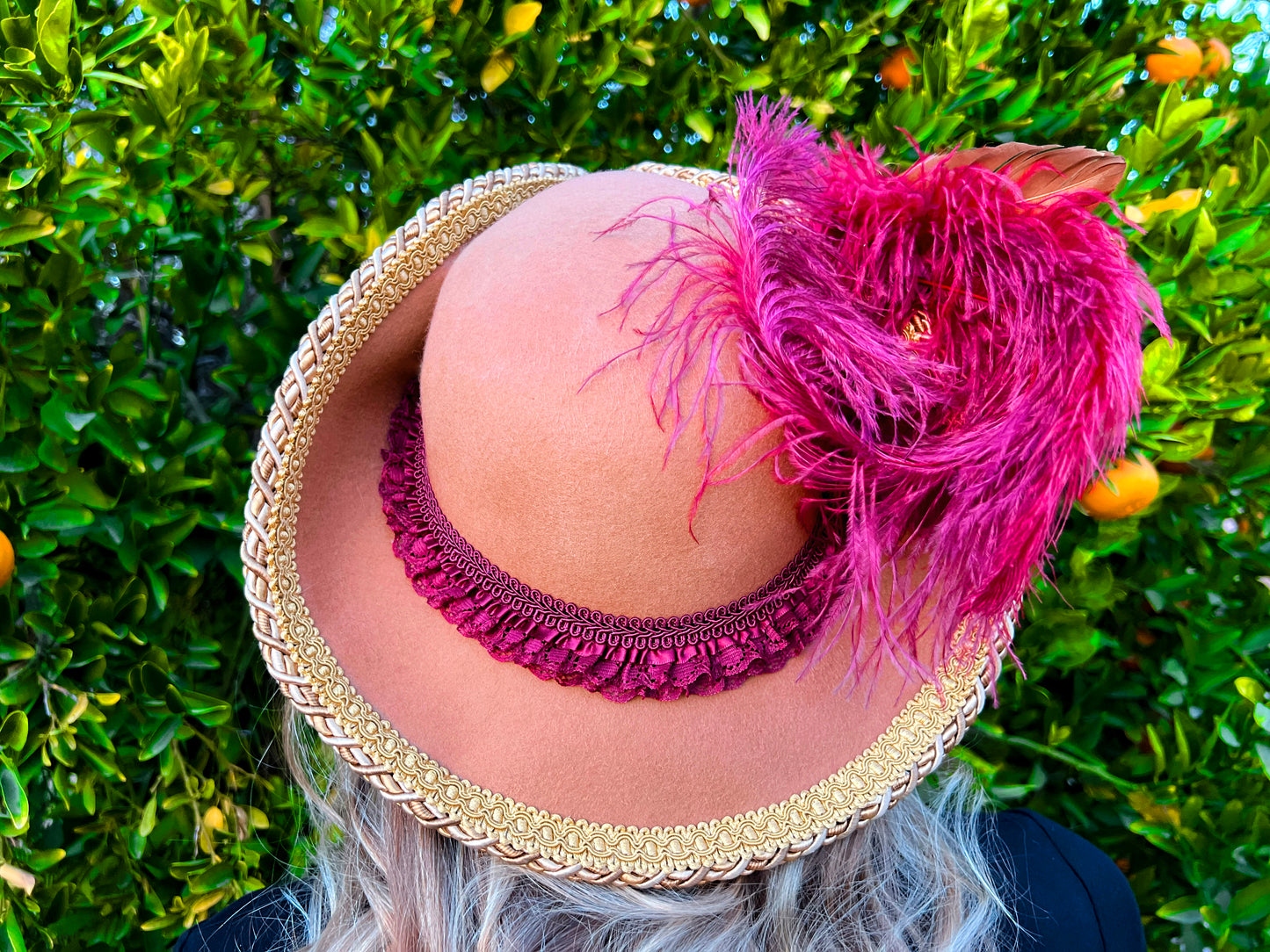 Bicorn Hat 22" Tan Wool Base with Maroon/Gold Trim, Feathers, and Pearl Brooch