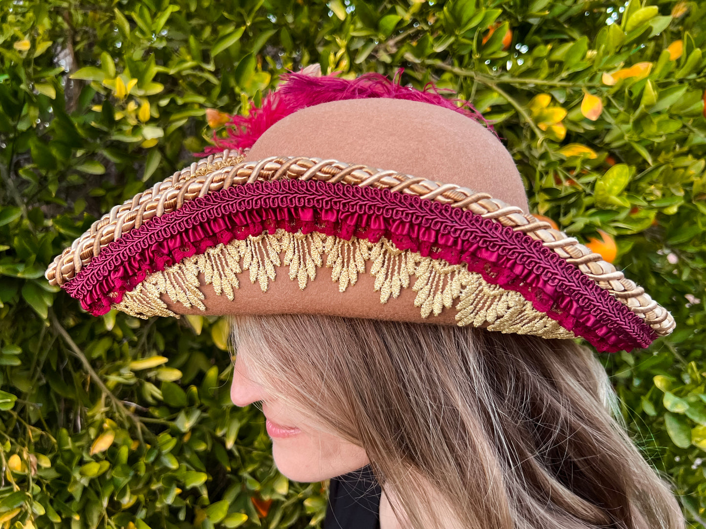 Bicorn Hat 22" Tan Wool Base with Maroon/Gold Trim, Feathers, and Pearl Brooch