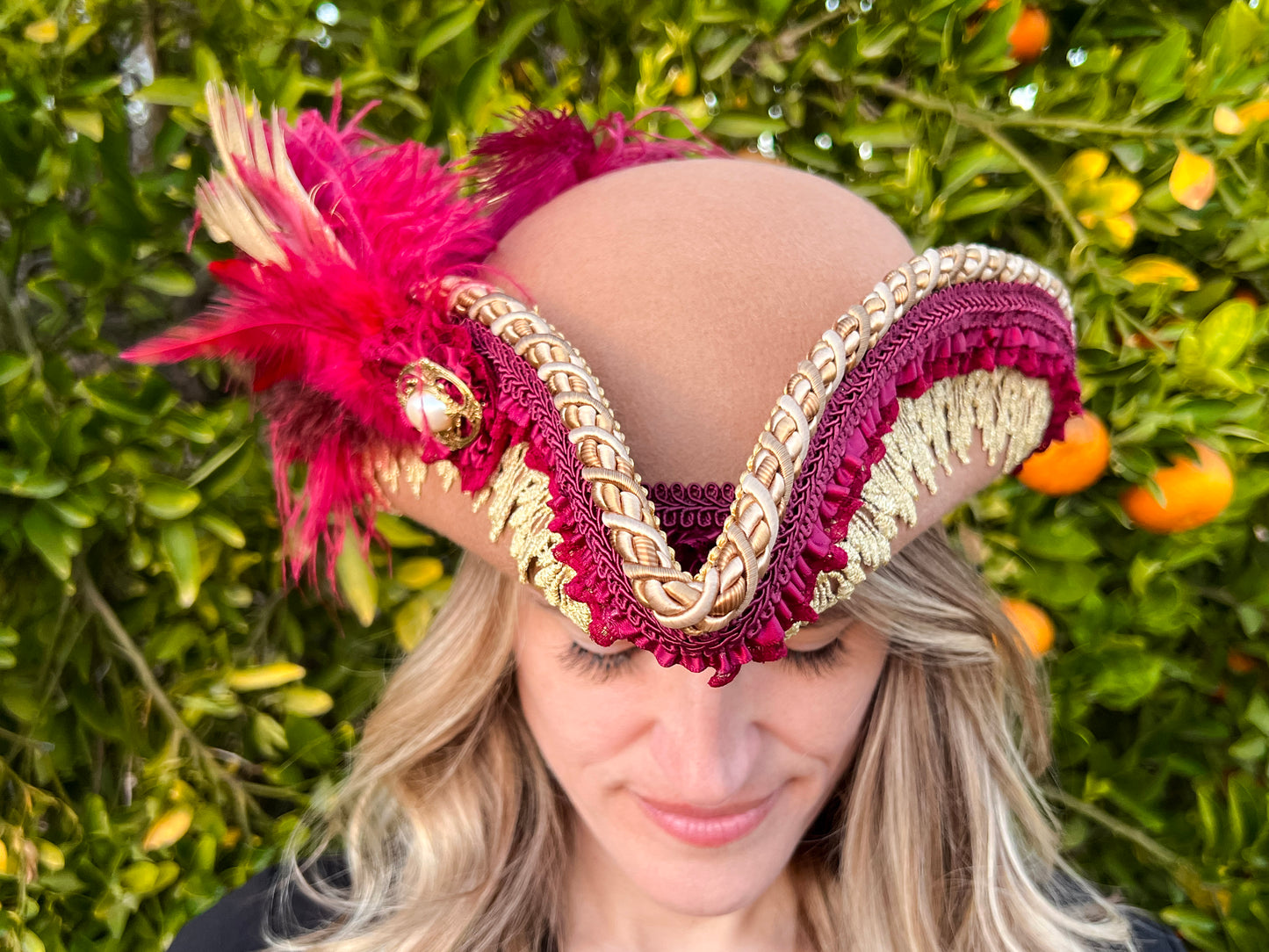 Bicorn Hat 22" Tan Wool Base with Maroon/Gold Trim, Feathers, and Pearl Brooch