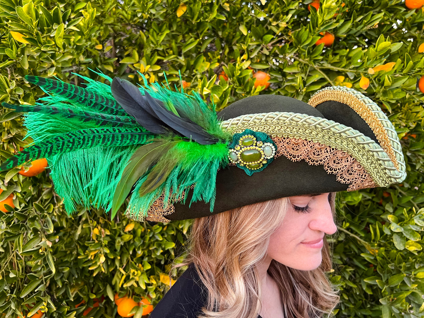 Tricorn Hat 23.75" Green Wool Base with Gold Trim, Feathers, and Cabochon Brooch