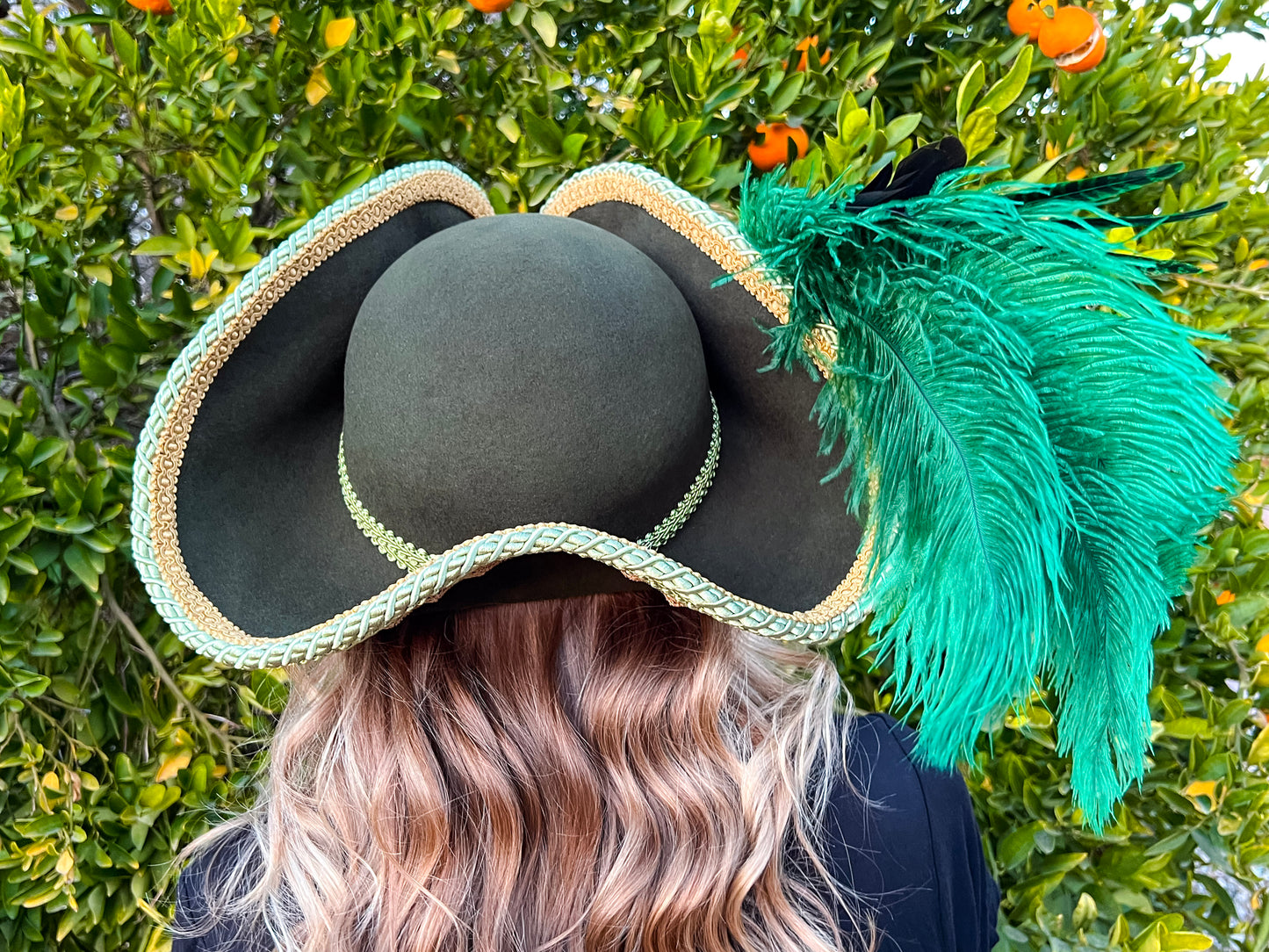 Tricorn Hat 23.75" Green Wool Base with Gold Trim, Feathers, and Cabochon Brooch