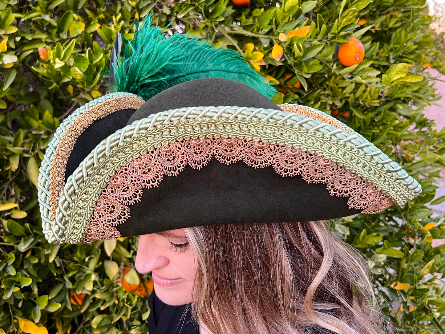 Tricorn Hat 23.75" Green Wool Base with Gold Trim, Feathers, and Cabochon Brooch