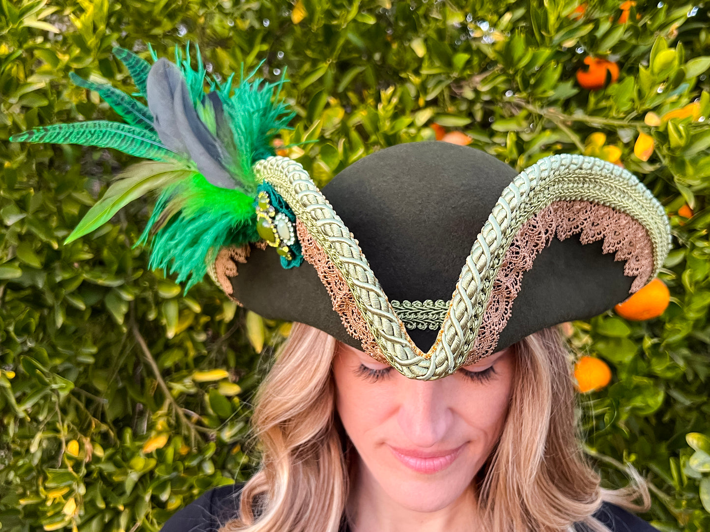 Tricorn Hat 23.75" Green Wool Base with Gold Trim, Feathers, and Cabochon Brooch