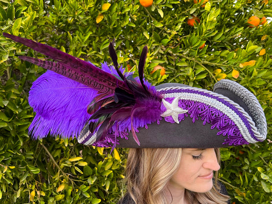 Tricorn Hat 23.25" Grey Wool Base with Purple/Silver Trim, Feathers, and Starfish Brooch