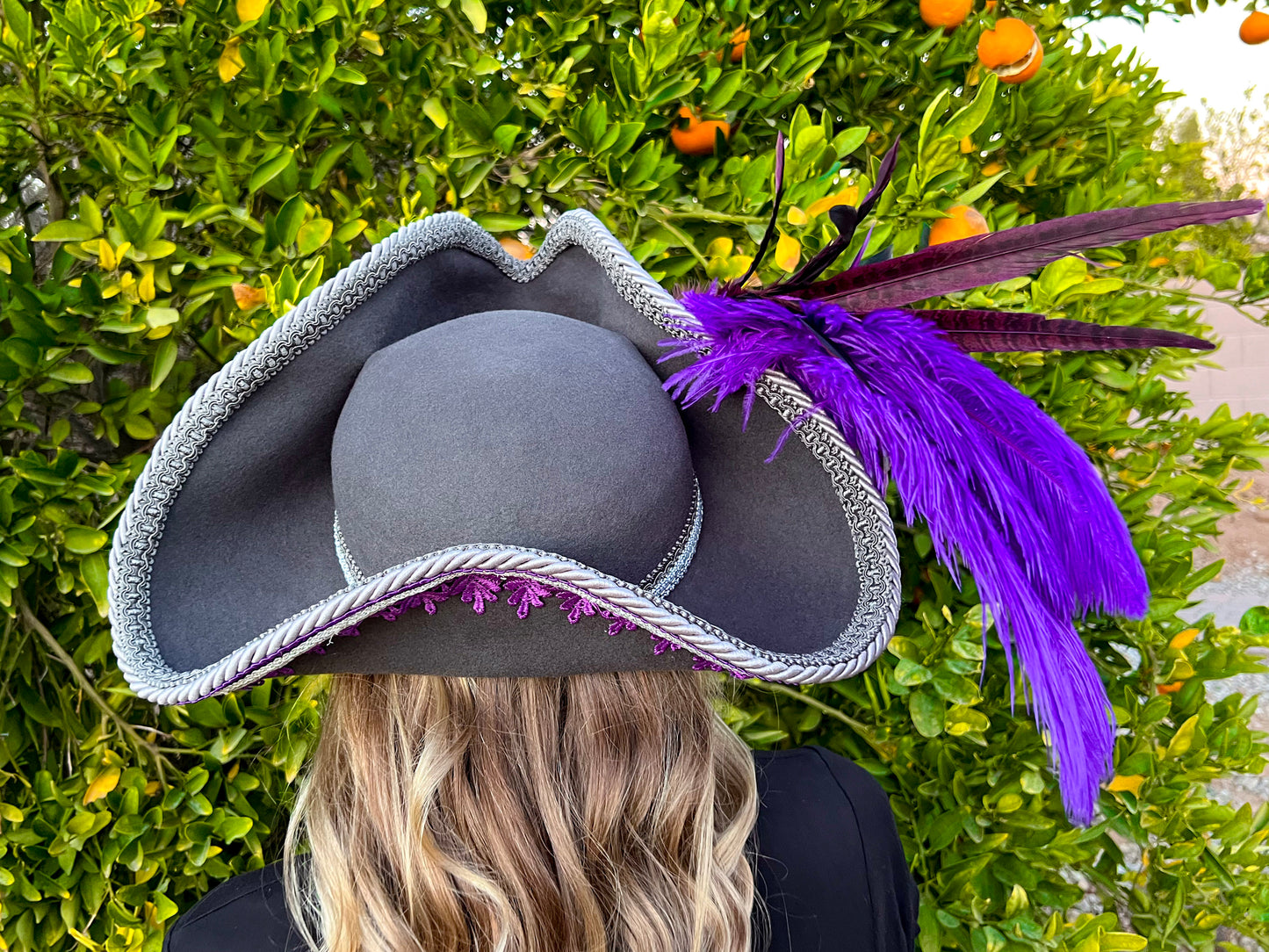 Tricorn Hat 23.25" Grey Wool Base with Purple/Silver Trim, Feathers, and Starfish Brooch