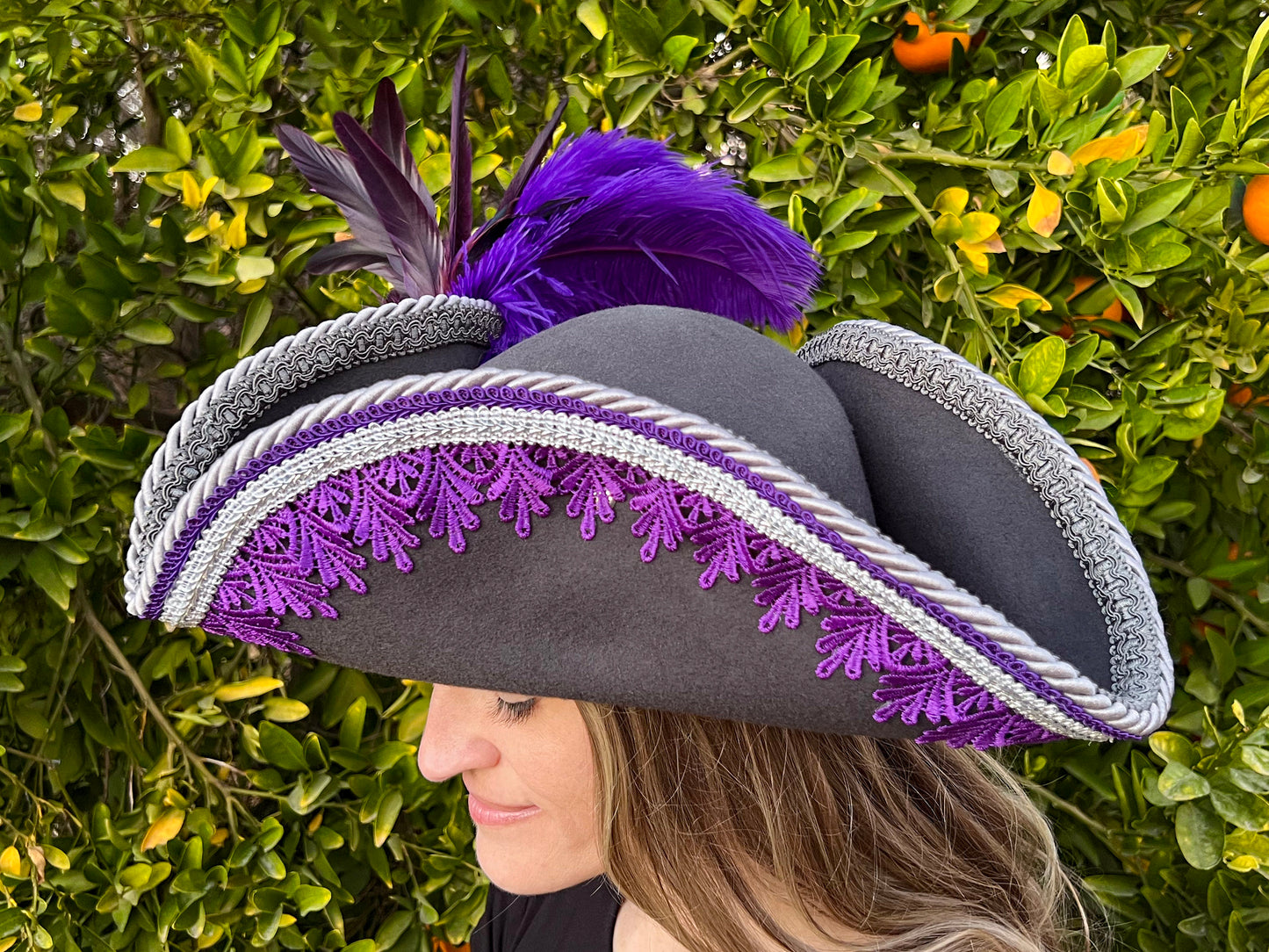 Tricorn Hat 23.25" Grey Wool Base with Purple/Silver Trim, Feathers, and Starfish Brooch