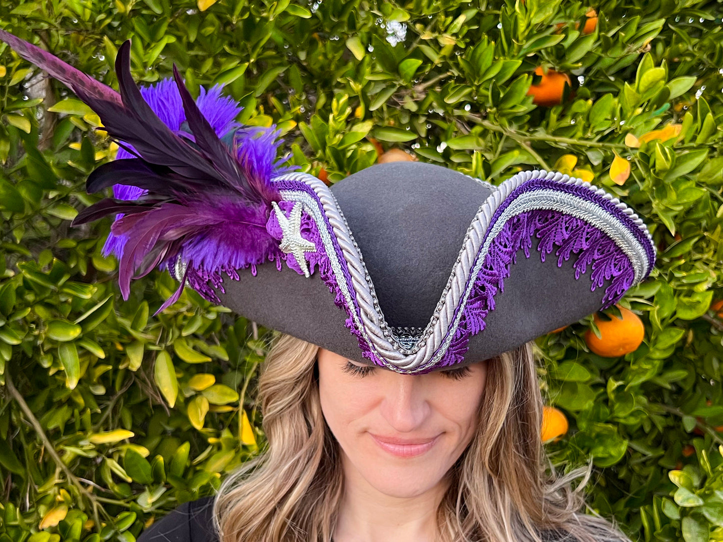 Tricorn Hat 23.25" Grey Wool Base with Purple/Silver Trim, Feathers, and Starfish Brooch