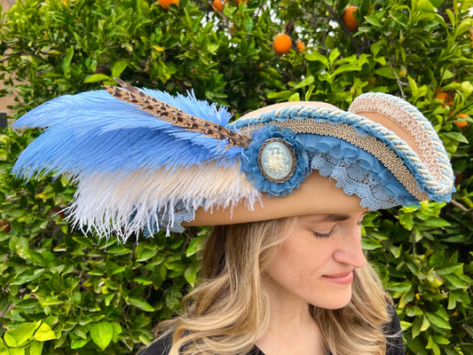 Tricorn Hat 22" Tan Wool Base with Dusty Blue Trim, Feathers, and Cameo Brooch