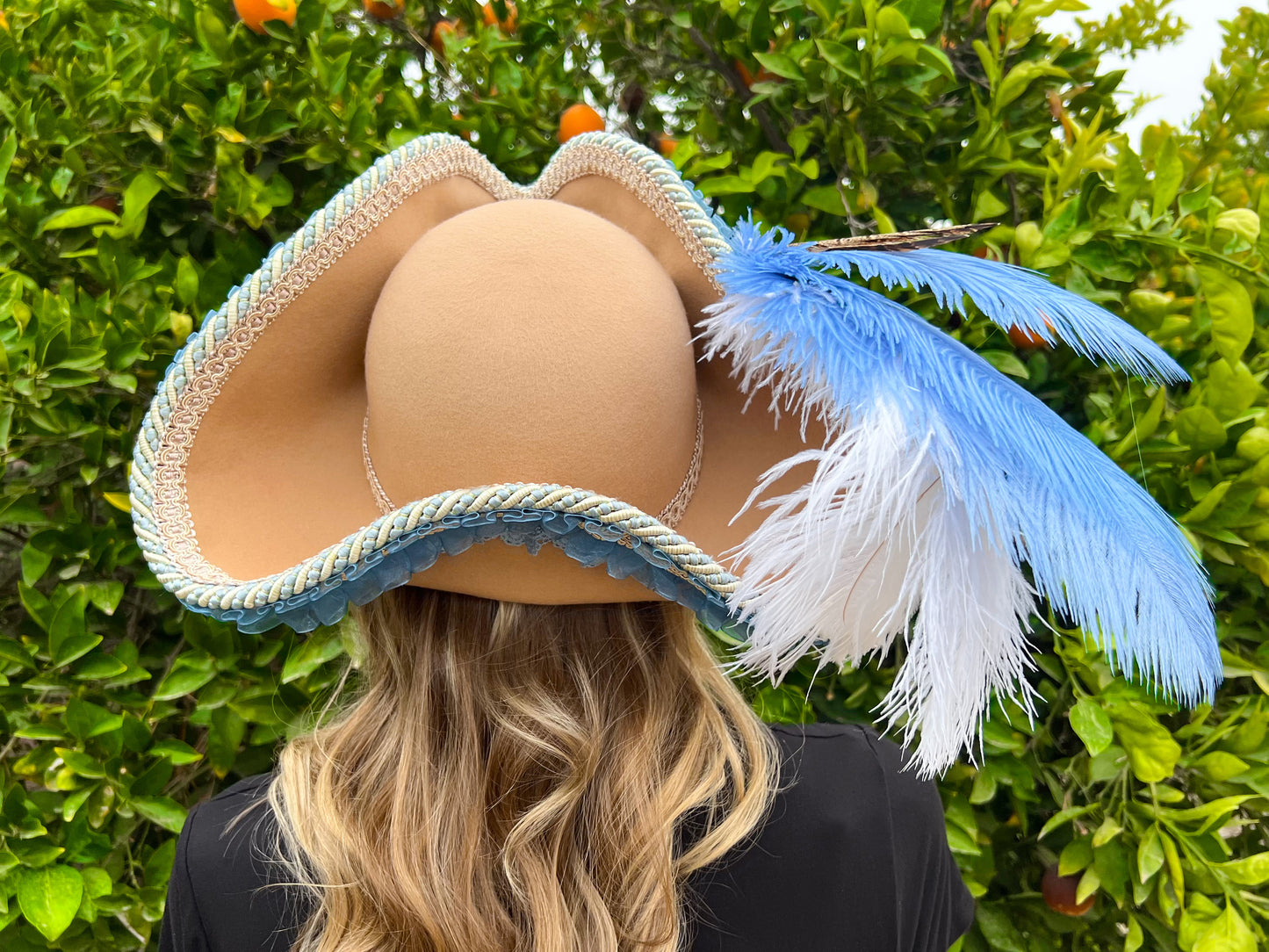 Tricorn Hat 22" Tan Wool Base with Dusty Blue Trim, Feathers, and Cameo Brooch