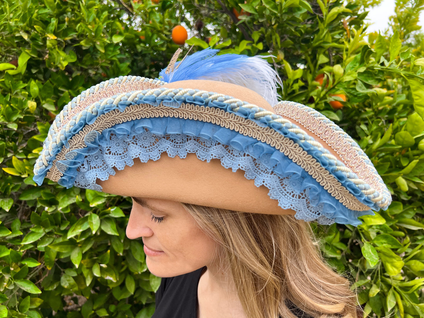 Tricorn Hat 22" Tan Wool Base with Dusty Blue Trim, Feathers, and Cameo Brooch