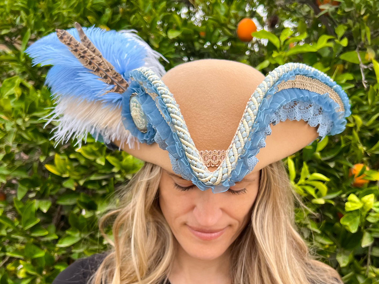 Tricorn Hat 22" Tan Wool Base with Dusty Blue Trim, Feathers, and Cameo Brooch