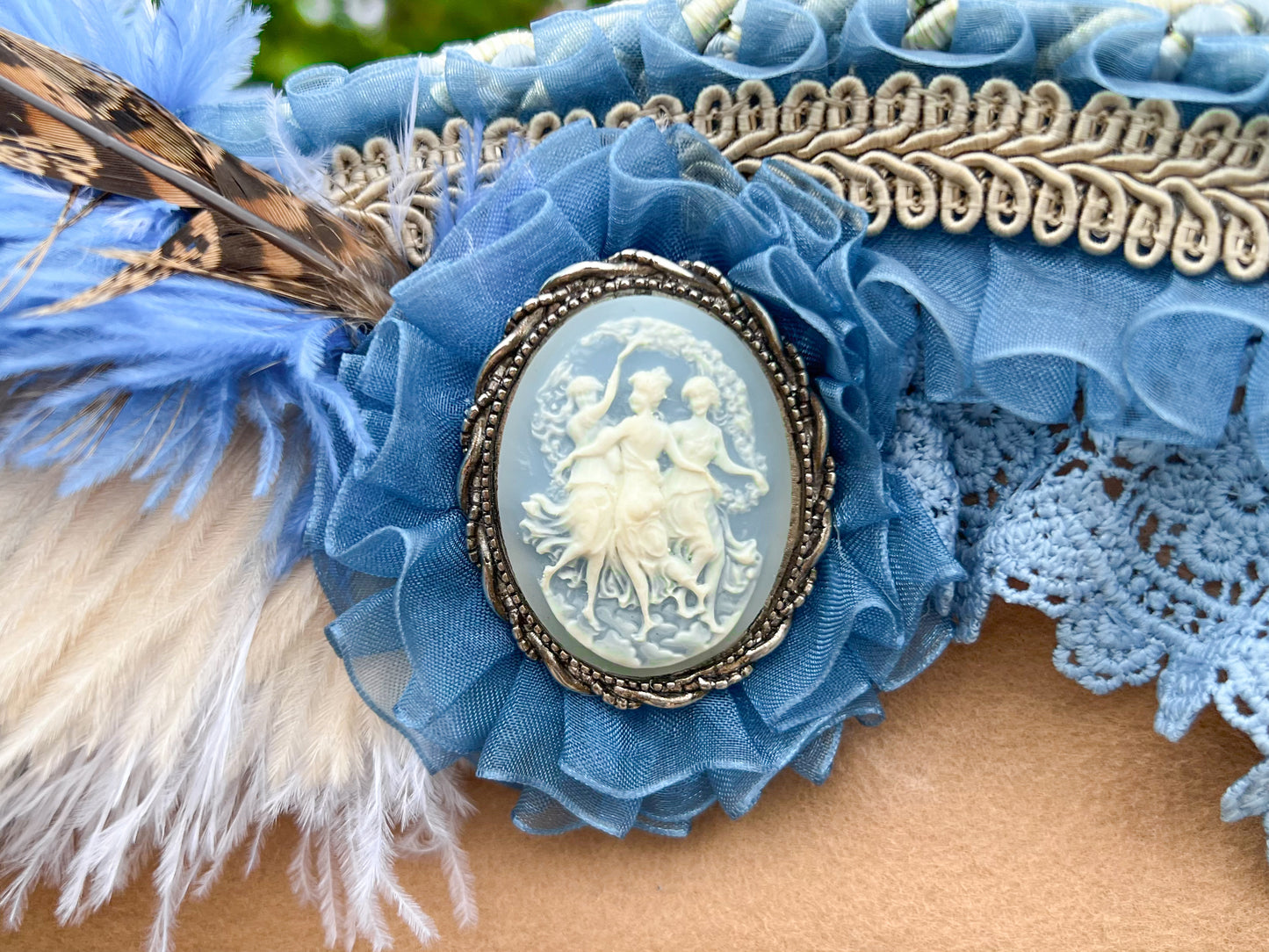 Tricorn Hat 22" Tan Wool Base with Dusty Blue Trim, Feathers, and Cameo Brooch