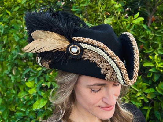 Bicorn Hat 21.75" Black Wool Base with Gold Trim, Feathers, and Vintage Brooch