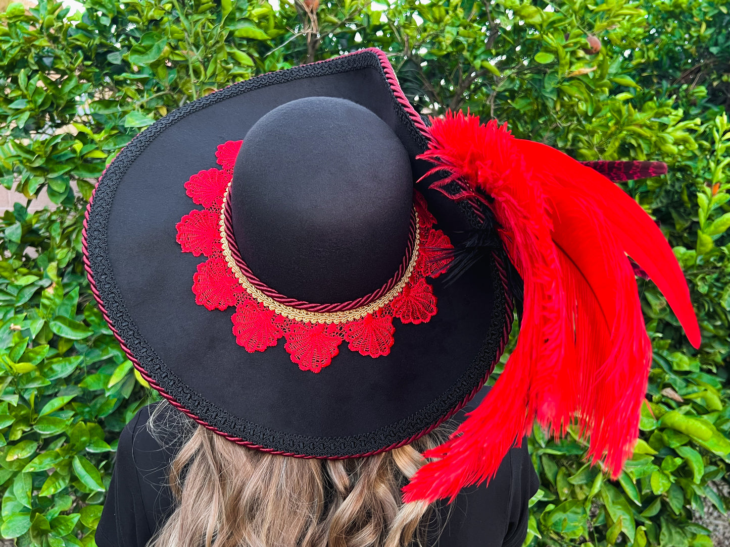 Cavalier Hat 21.75" Black Polyester Base with Red Trim, Feathers, and Brooch