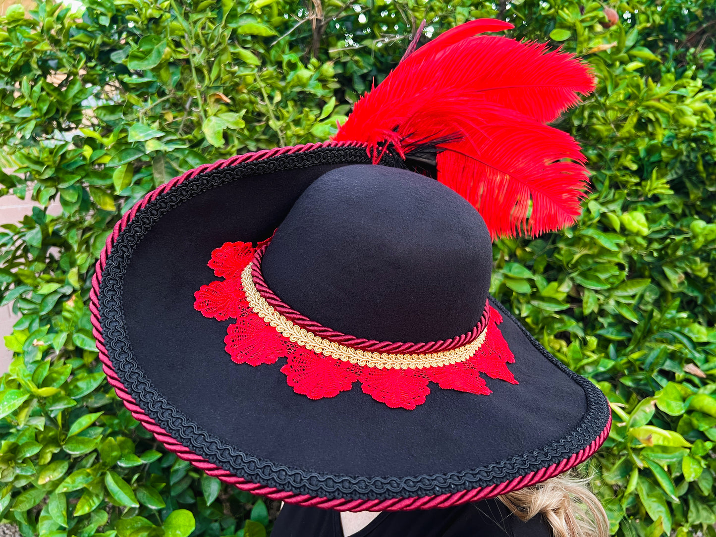 Cavalier Hat 21.75" Black Polyester Base with Red Trim, Feathers, and Brooch