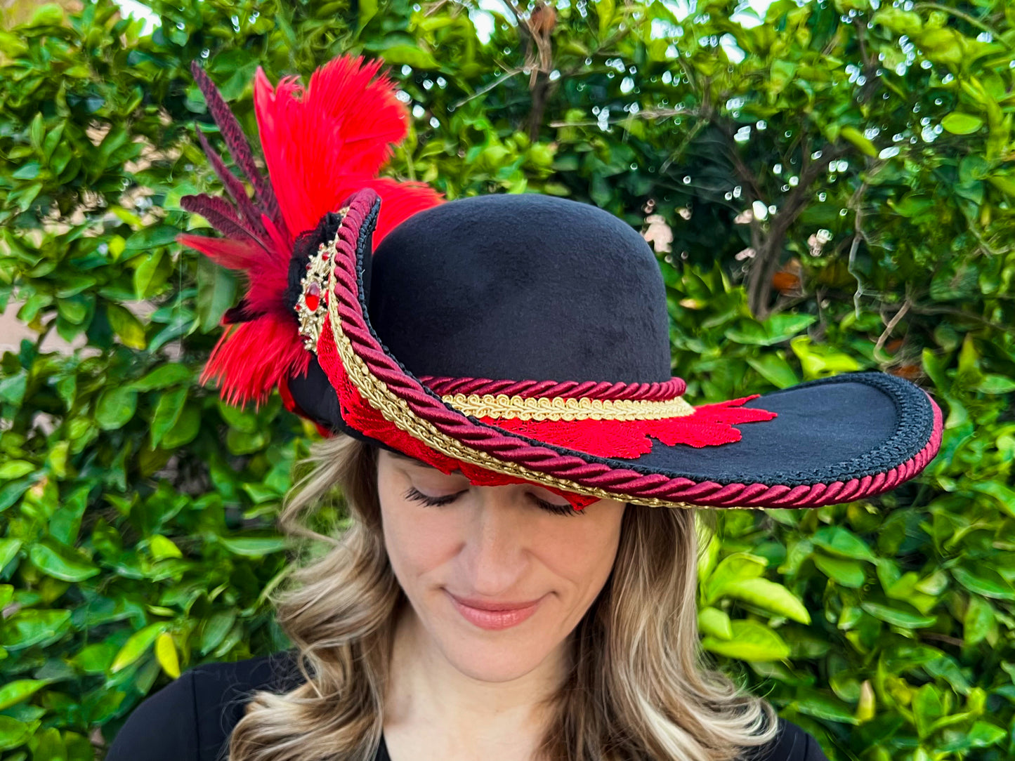 Cavalier Hat 21.75" Black Polyester Base with Red Trim, Feathers, and Brooch