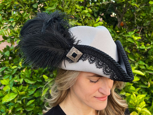 Bicorn Hat 22.5" Grey Polyester Base with Black Trim, Feathers, and Silver Brooch