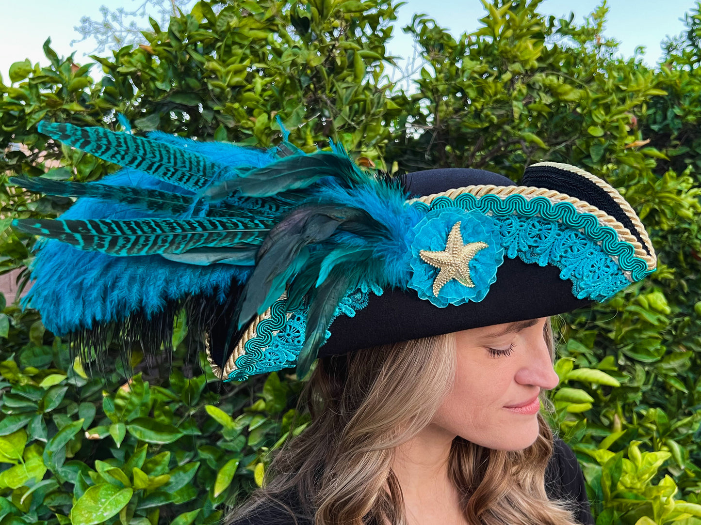 Tricorn Hat 22" Black Polyester Base with Turquoise Trim, Feathers, and Brooch