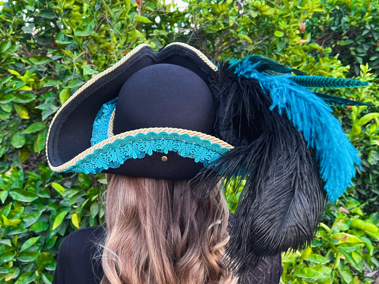 Tricorn Hat 22" Black Polyester Base with Turquoise Trim, Feathers, and Brooch