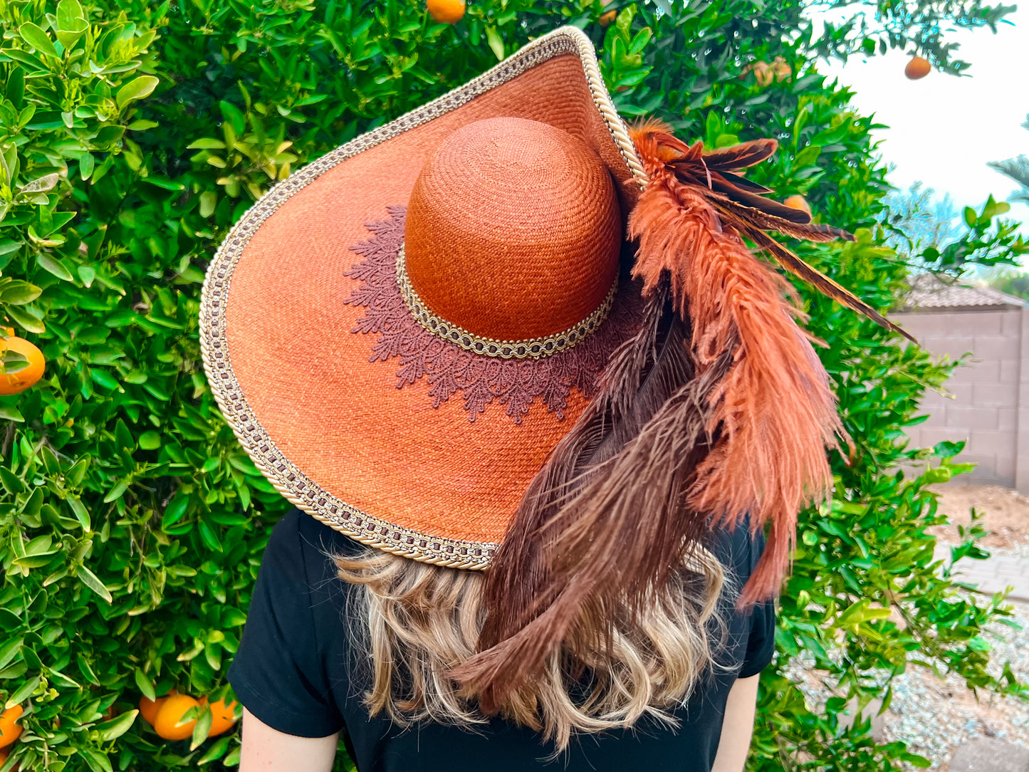 Cavalier Hat 22" Orange/Rust Straw Base with Brown Trim, Feathers, and Brooch