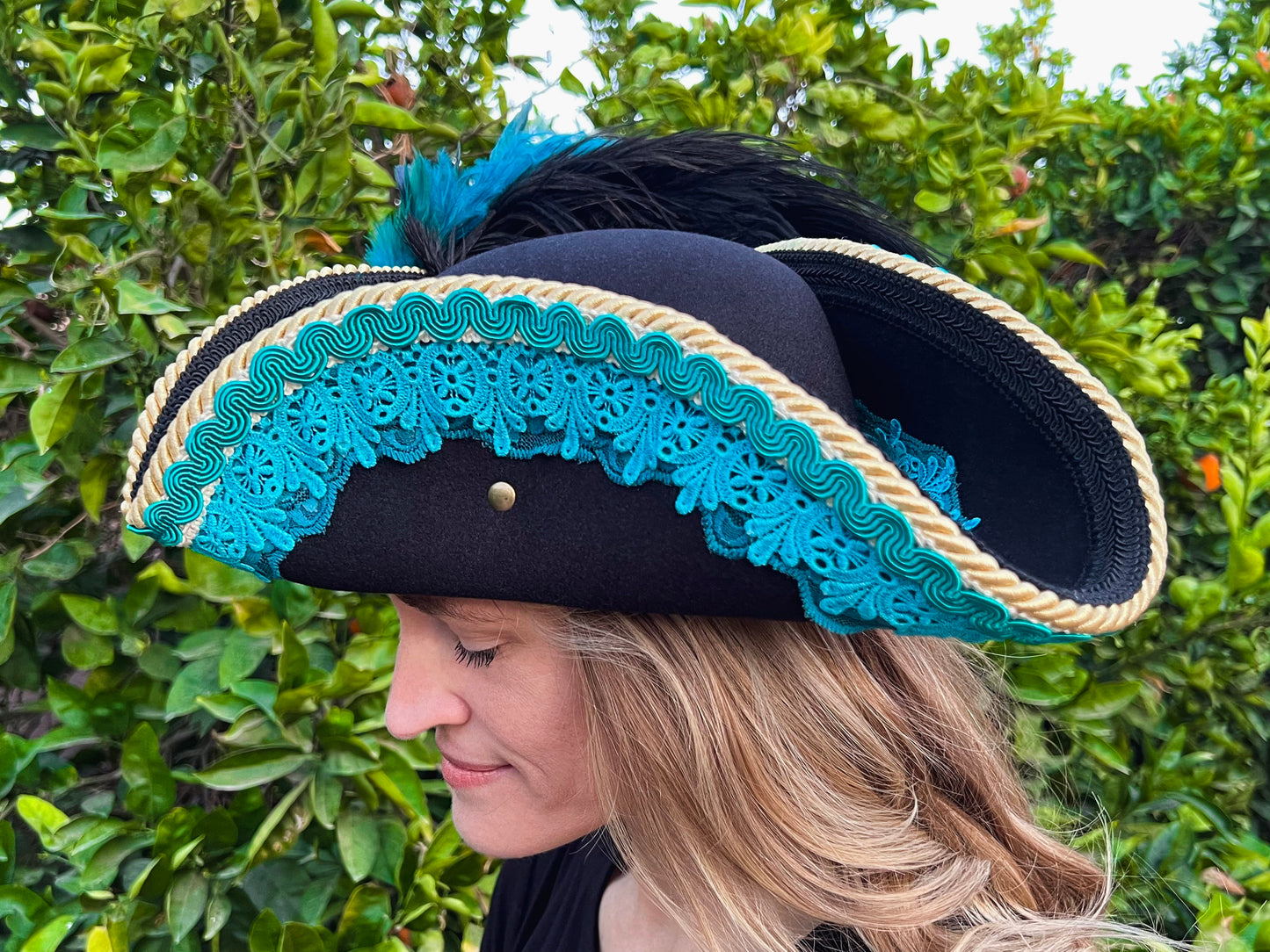 Tricorn Hat 22" Black Polyester Base with Turquoise Trim, Feathers, and Brooch