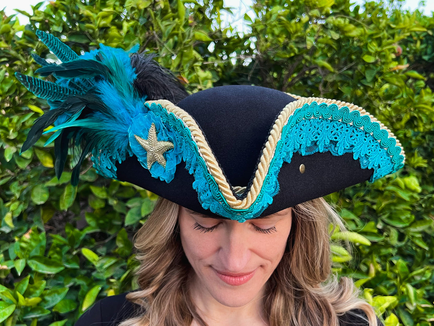 Tricorn Hat 22" Black Polyester Base with Turquoise Trim, Feathers, and Brooch