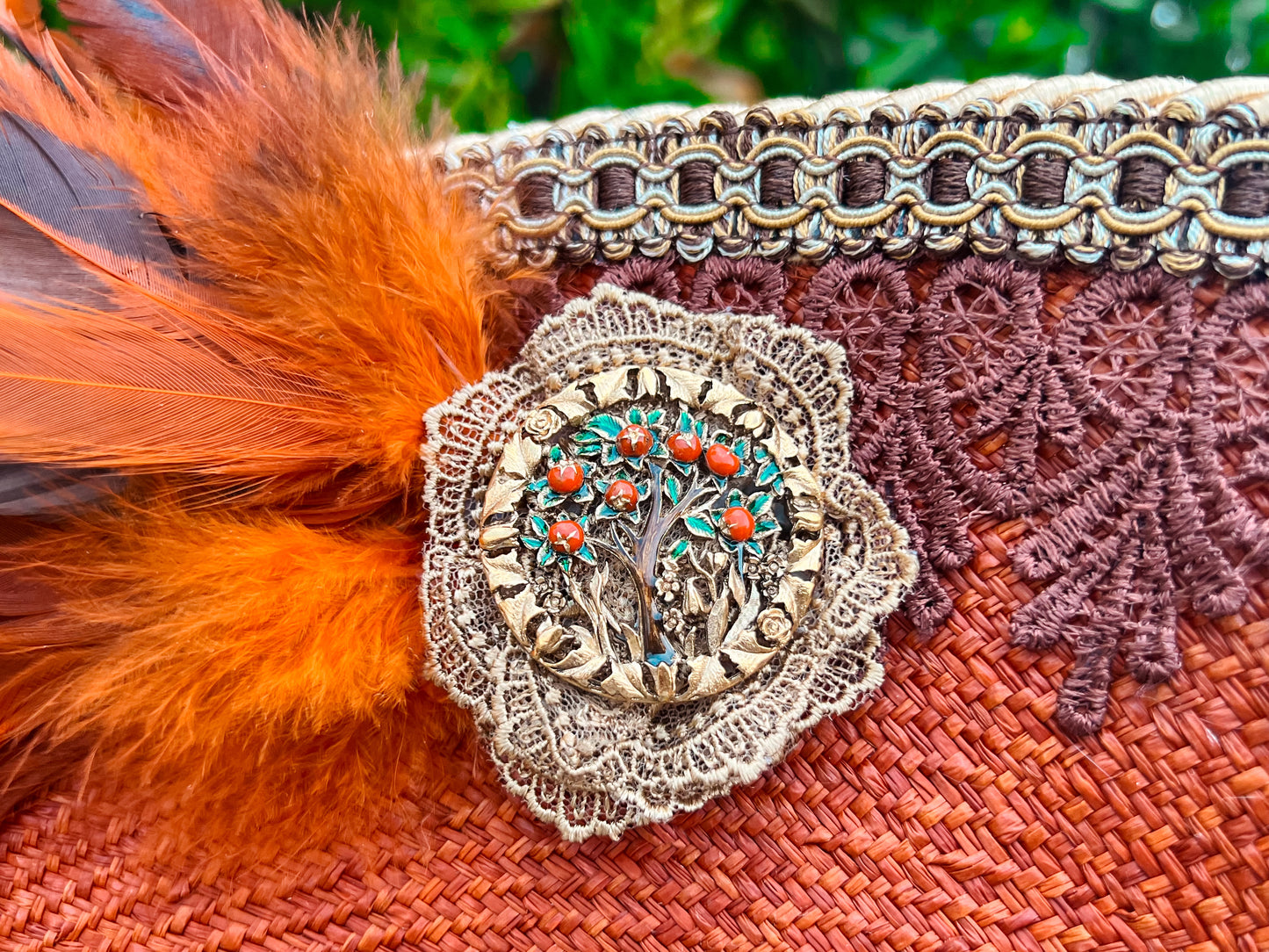 Cavalier Hat 22" Orange/Rust Straw Base with Brown Trim, Feathers, and Brooch