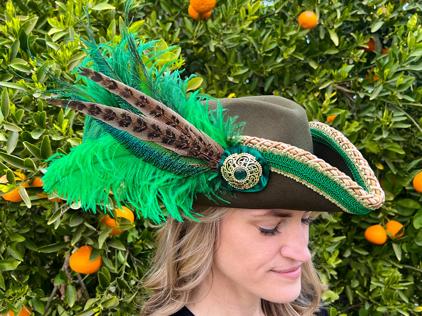 Bicorn Hat 22" Green Polyester Base with Gold/Green Trim, Feathers, and Brooch