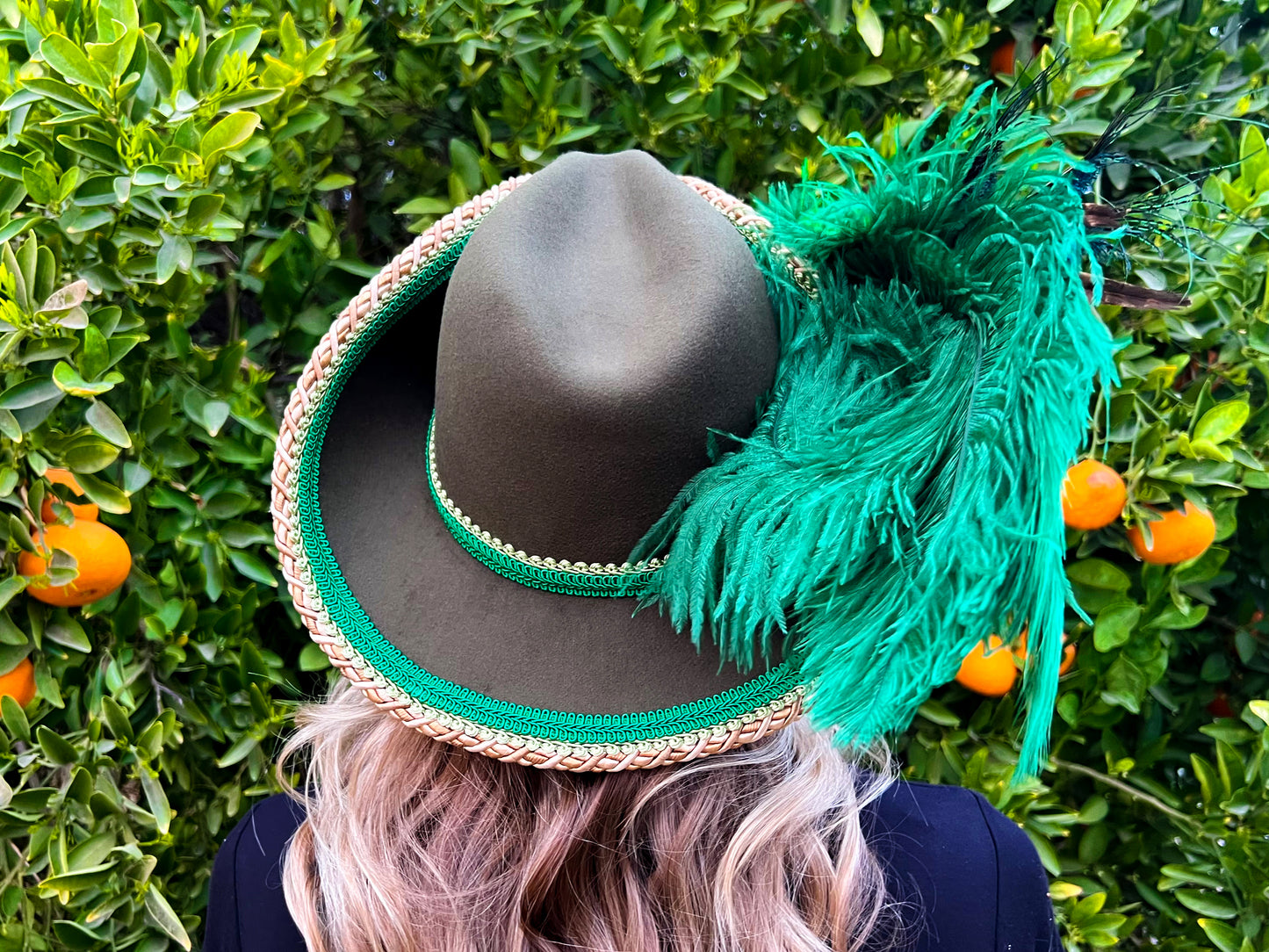 Bicorn Hat 22" Green Polyester Base with Gold/Green Trim, Feathers, and Brooch