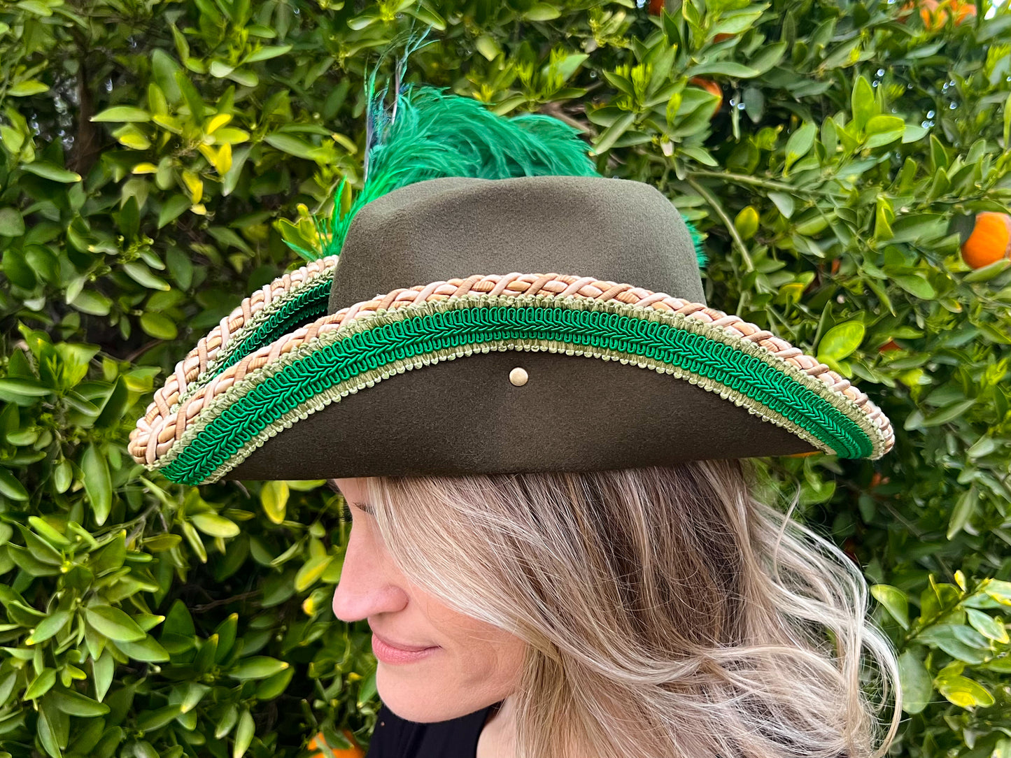 Bicorn Hat 22" Green Polyester Base with Gold/Green Trim, Feathers, and Brooch