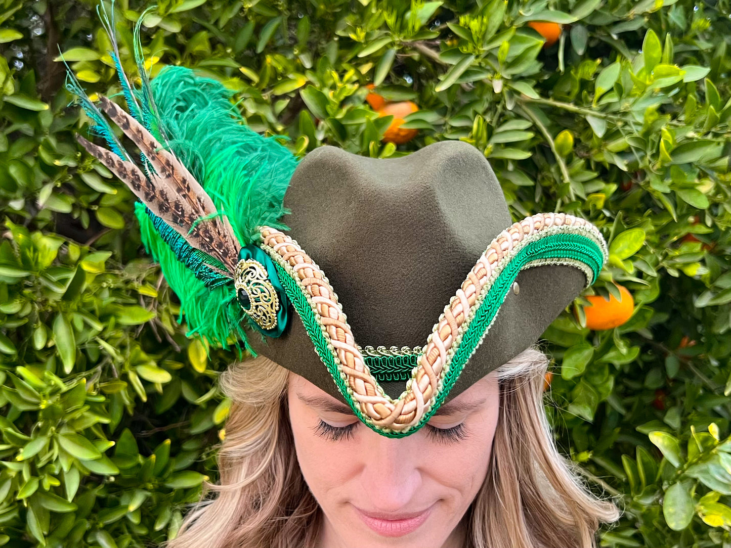 Bicorn Hat 22" Green Polyester Base with Gold/Green Trim, Feathers, and Brooch