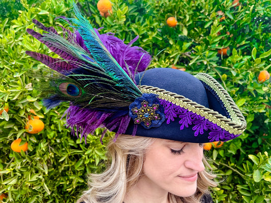 Bicorn Hat 22" Navy Wool Base with Purple/Green Trim, Feathers, and Brooch