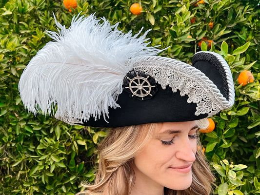 Tricorn Hat 21.75" Black Wool Base with Silver Trim, Feathers, and Ship Helm Brooch