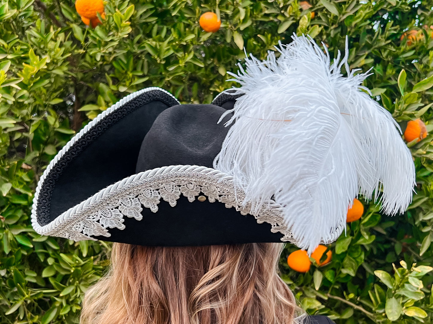 Tricorn Hat 21.75" Black Wool Base with Silver Trim, Feathers, and Ship Helm Brooch