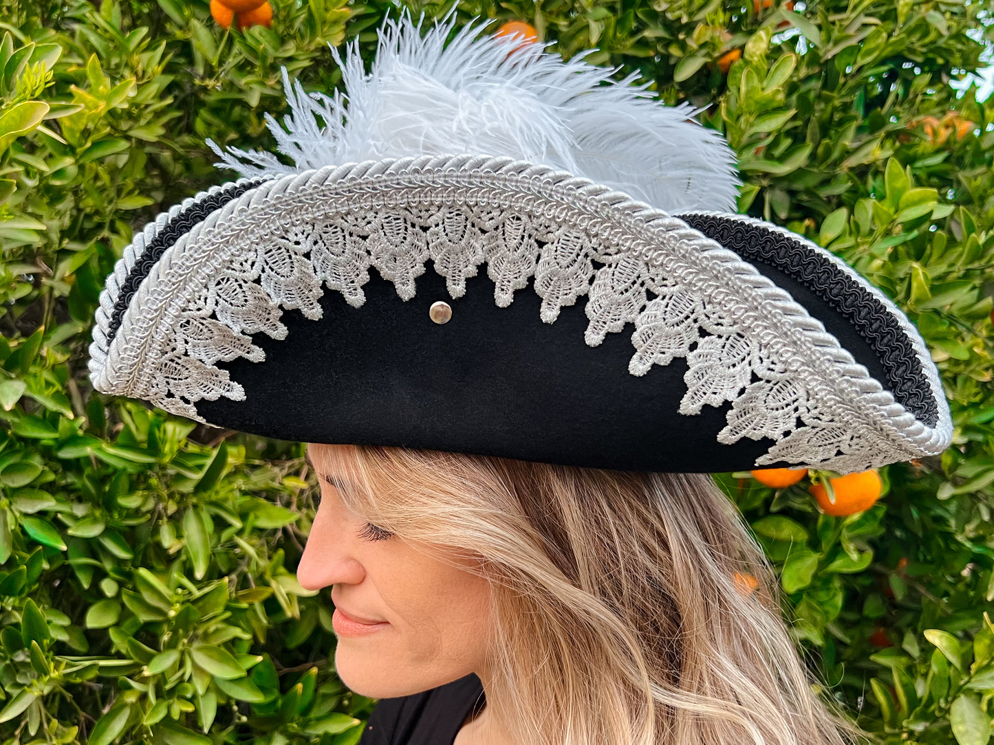 Tricorn Hat 21.75" Black Wool Base with Silver Trim, Feathers, and Ship Helm Brooch