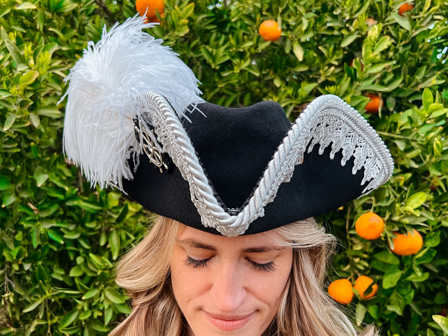 Tricorn Hat 21.75" Black Wool Base with Silver Trim, Feathers, and Ship Helm Brooch