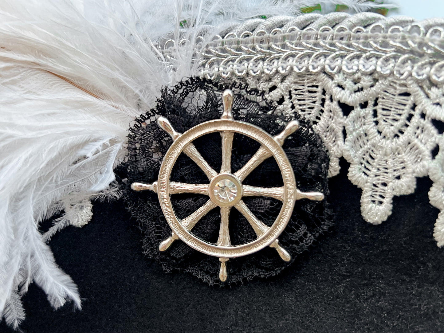 Tricorn Hat 21.75" Black Wool Base with Silver Trim, Feathers, and Ship Helm Brooch