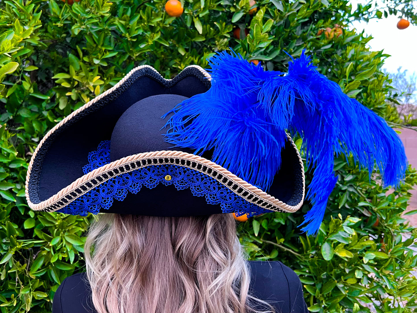 Tricorn Hat 23" Black Polyester Base with Royal Blue Trim, Feathers, and Brooch