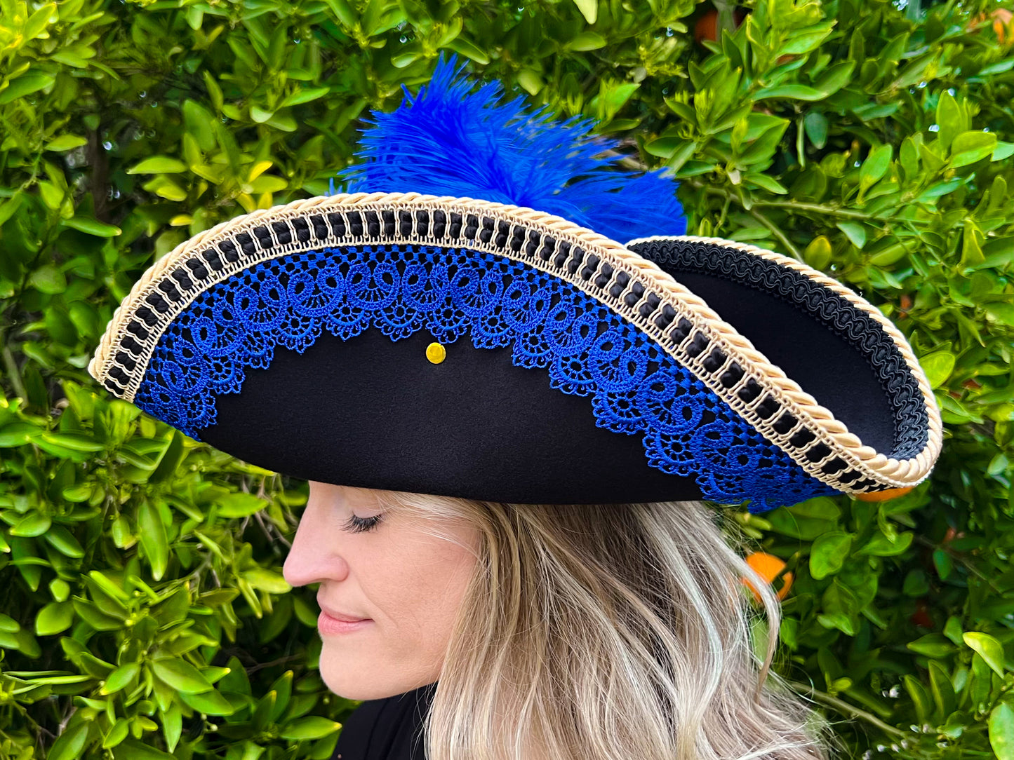 Tricorn Hat 23" Black Polyester Base with Royal Blue Trim, Feathers, and Brooch