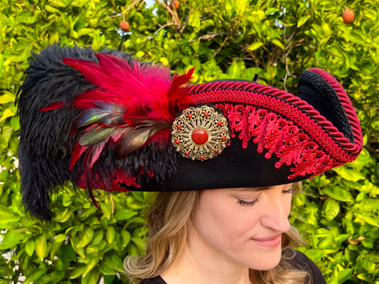 Tricorn Hat 22" Black Wool Base with Dark Red Trim, Feathers, and Vintage Brooch